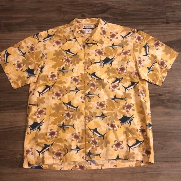 Columbia Shirt Men's Size Large Floral Swordfish Yellow Blue Casual Button Up - Picture 1 of 5